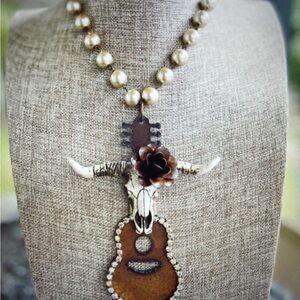 Rustic Bull Skull Pendant Necklace Gypsy South Handmade Longhorn Guitar Necklace